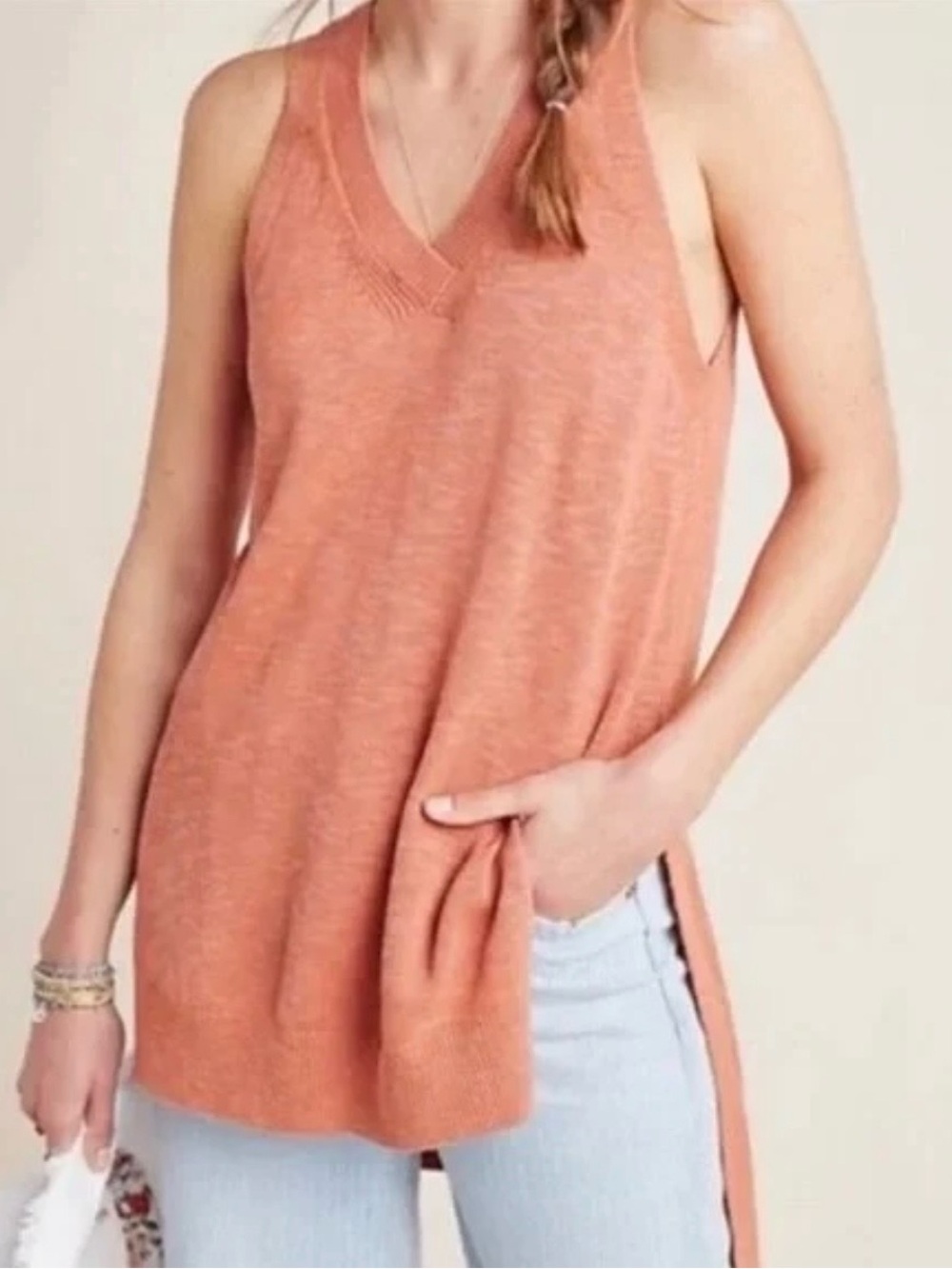 Anthropologie Desmond Sweater Tunic Top Small Hi Low Sleeveless Mango Linen Knit